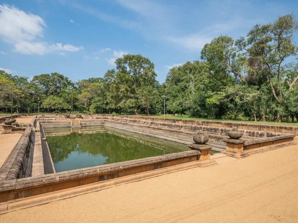 Kuttam Pokuna Twin Ponds in Anuradhapura, ancient stone bathing pools with advanced hydraulic design