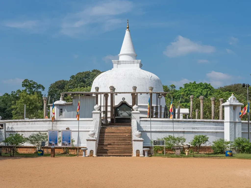 Lankarama Stupa in Anuradhapura, an ancient Buddhist shrine surrounded by stone pillars