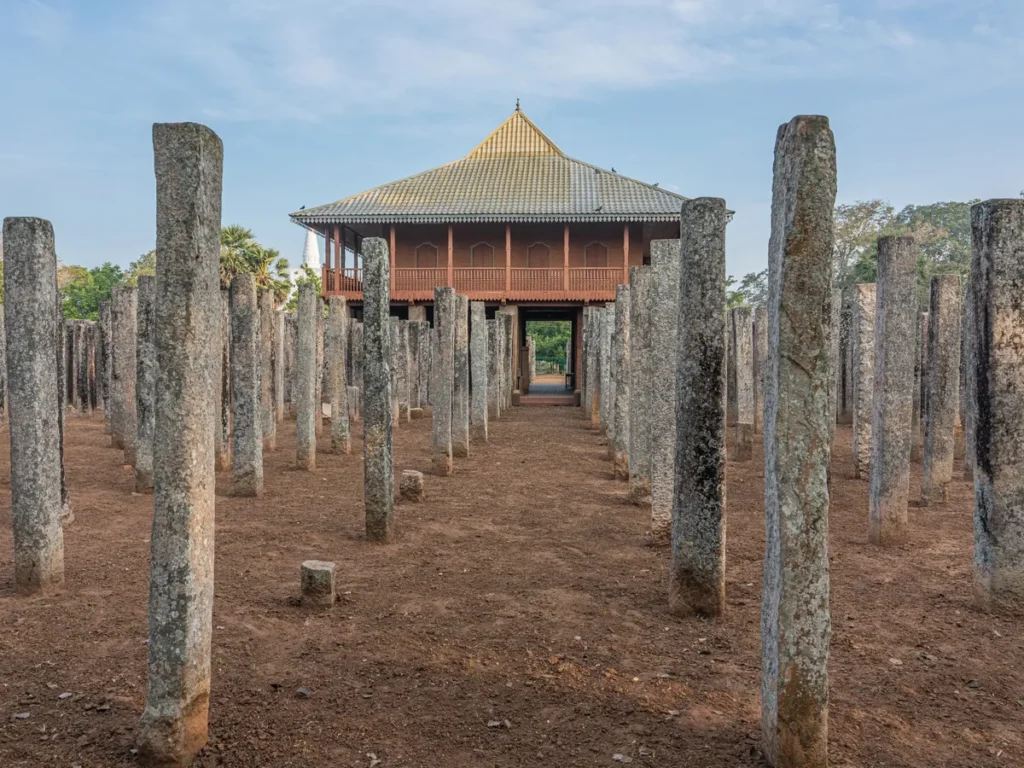 Lovamahapaya (Brazen Palace) stone pillars in Anuradhapura, an ancient monastic complex
