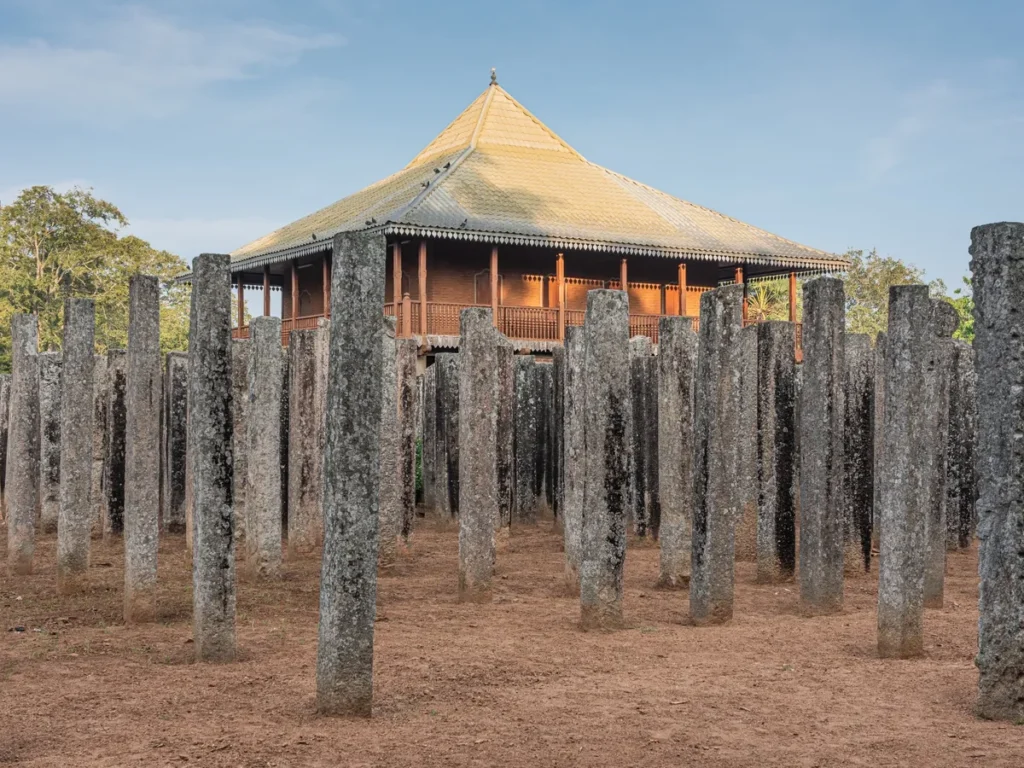 Lovamahapaya (Brazen Palace) stone pillars in Anuradhapura, an ancient monastic complex